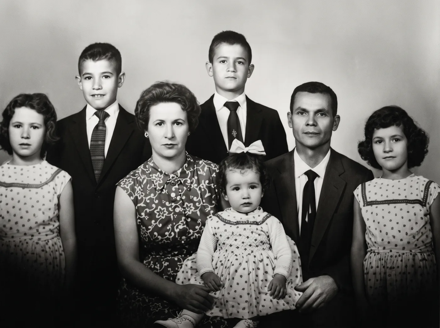 O mesmo retrato de família restaurado, com rostos nítidos e contraste recuperado.